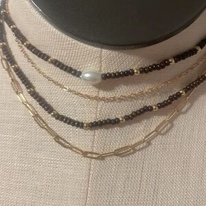 A new day necklace bracelet coordinate set Brown beads  gold ball jewelry New OS